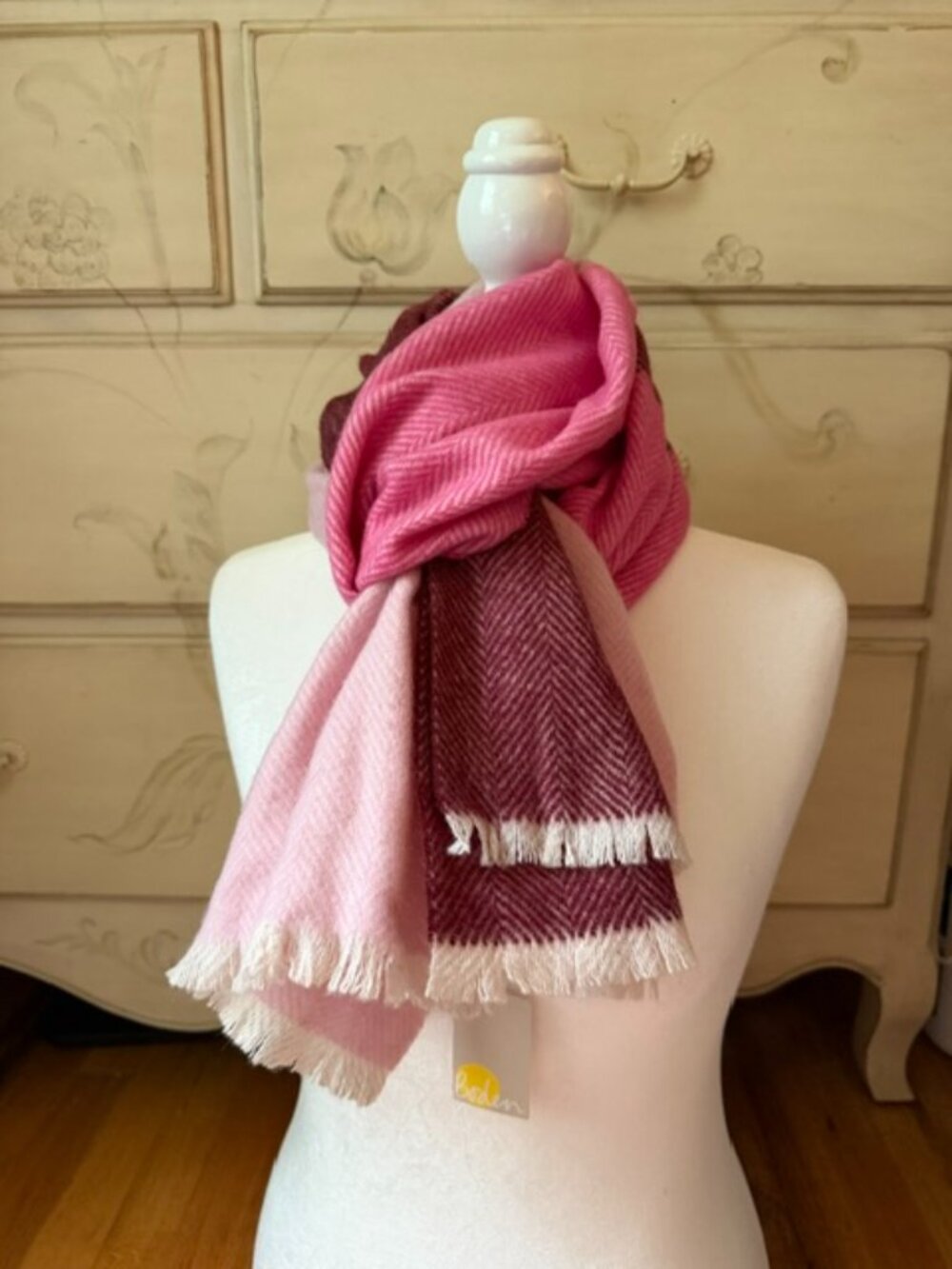 NWT Boden Women's Tri-Colored 100% Wool Scarf With Fringe Detail- pink/cranberry